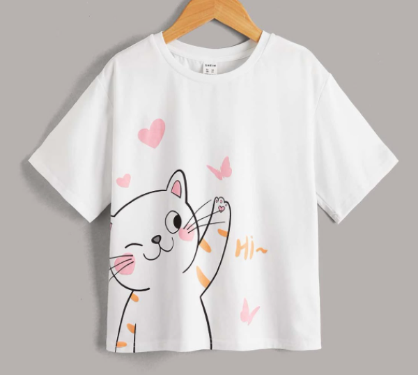 Toddler's Cat Chest Print Crew Neck Classic Fit T-Shirt.